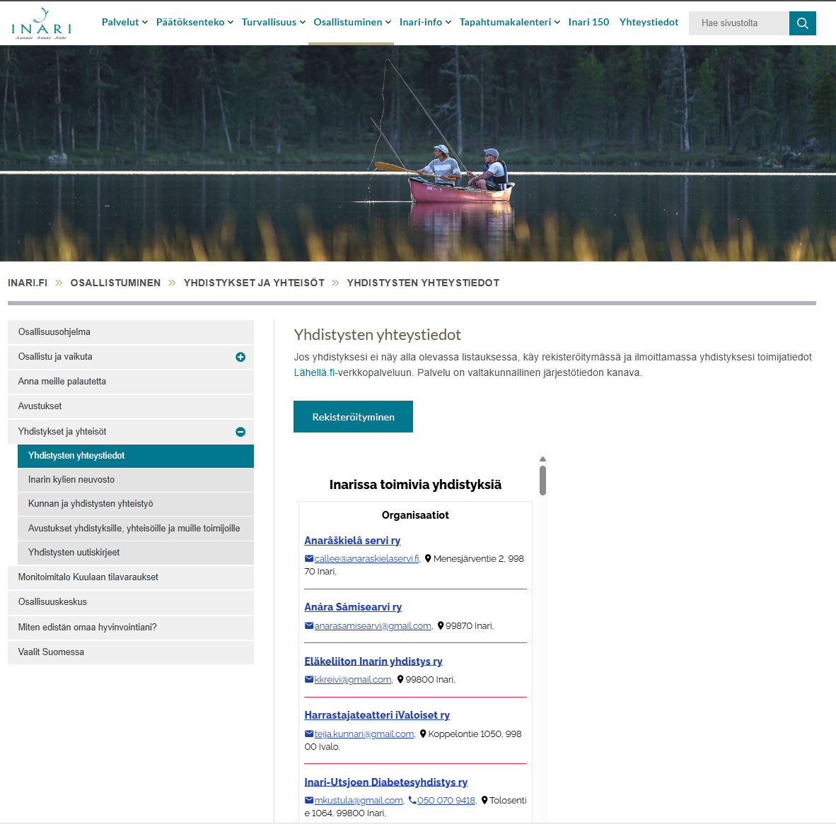 Lähellä-leijuke Inarin kunnan verkkosivuilla. Otsikko: Yhdistysten yhteystiedot ja alla leijuke, johon yhteystiedot tulevat Lähellä.fin kautta.